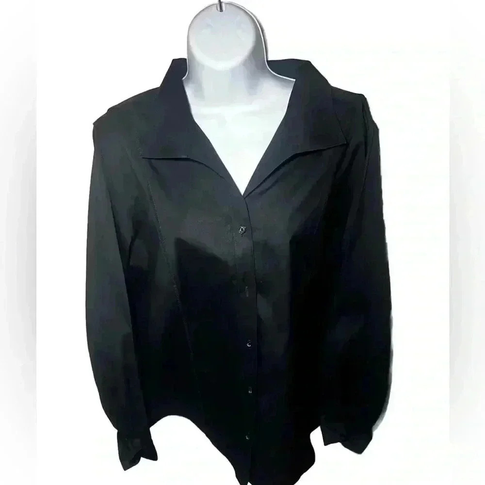 Chico’s No Iron Black Button Down Shirt Size 3 XL 16 Fitted Office Blouse